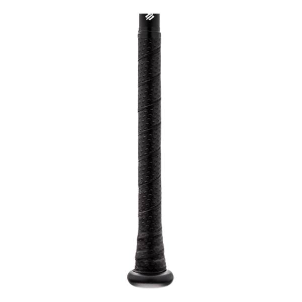 Close-up of a black baseball bat grip with a textured pattern and a white logo at the top.