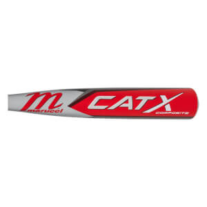 Side view of a red and silver baseball bat with Marucci and CATX COMPOSITE branding.