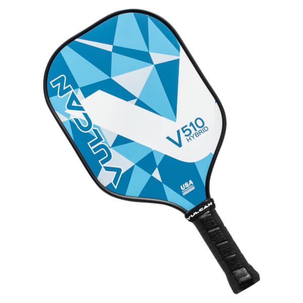 Top-down view of a white and blue pickleball paddle with geometric pattern, V510 HYBRID text, and Vulcan branding.