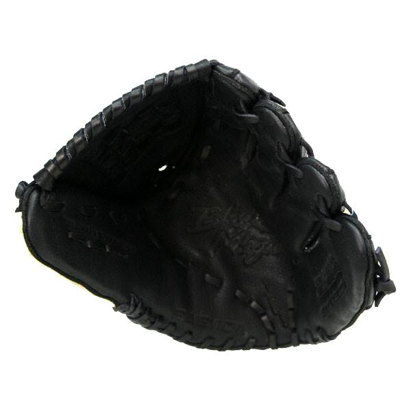 Top-down view of a black baseball glove with a deep pocket and stitched finger stalls.