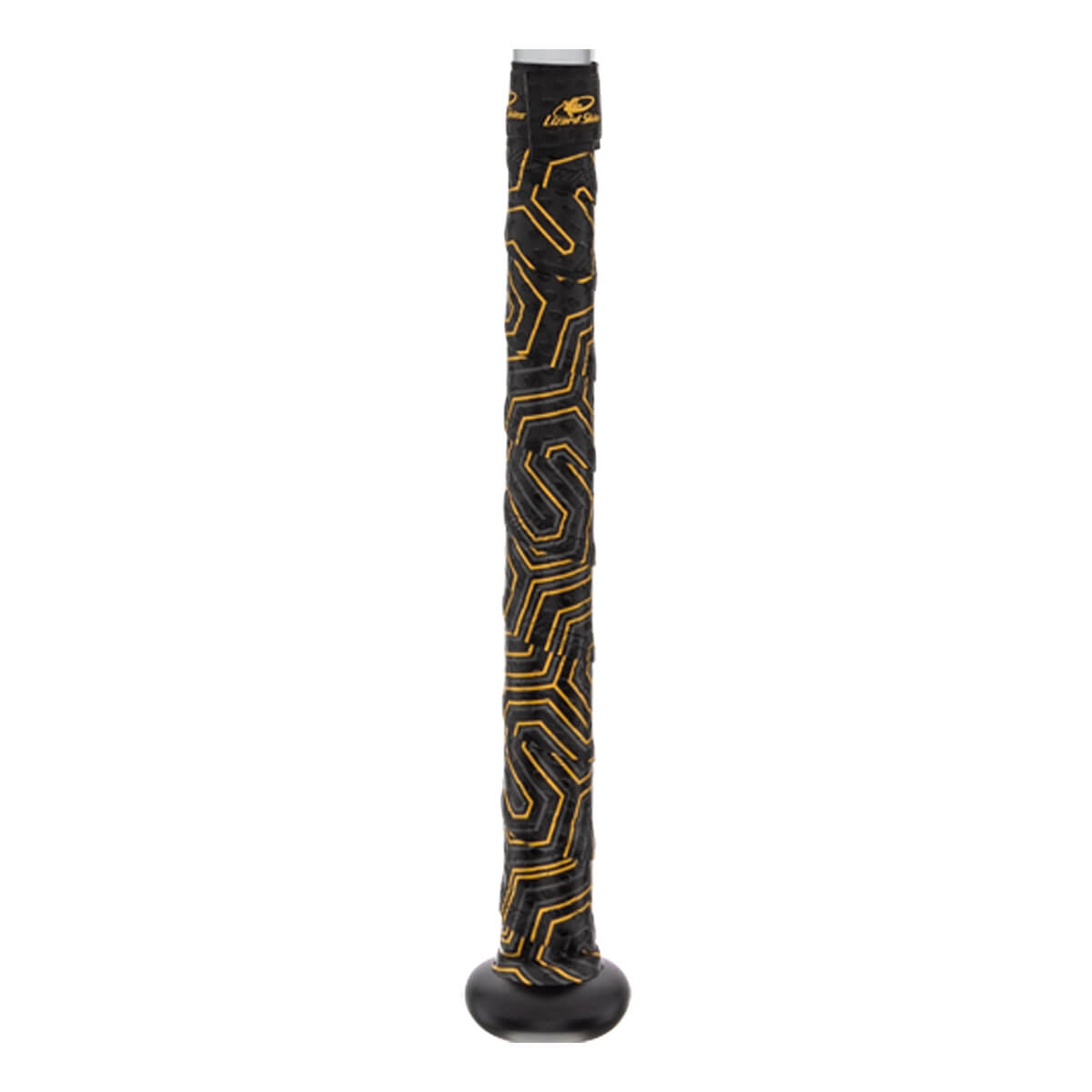 Close-up of a black baseball bat grip with gold geometric patterns and a silver end cap.