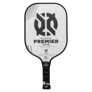 Front view of a white pickleball paddle with black branding, including EVOKE PREMIER CT-16 and the Onix logo.
