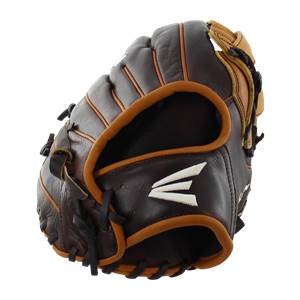 Side view of a brown baseball glove with tan lacing and a white Easton logo.