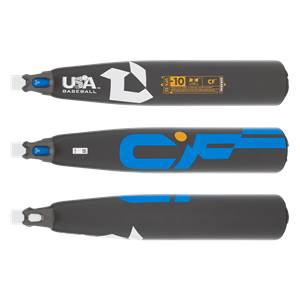 Three horizontal views of the black barrel show the USA BASEBALL logo, a large blue CF graphic with a yellow dot, and orange text for the -10 DeMarini model.