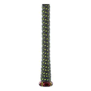 Close-up of a black baseball bat grip with lime green accents and a dark red end cap.