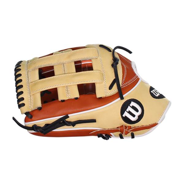 Side view of a tan and brown baseball glove with black lacing and a white W logo.