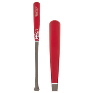 Side view of a red baseball bat with a gray handle and A-Bat logo.