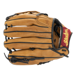 Side view of a tan baseball glove with black lacing, a red Shoeless logo patch, and an X-stitch detail.