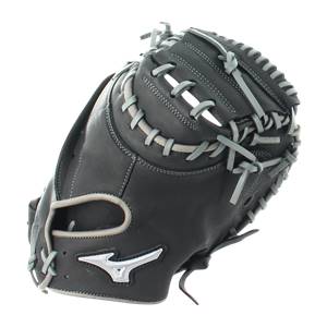 Front view of a black catchers mitt with grey lacing and a silver Mizuno logo.
