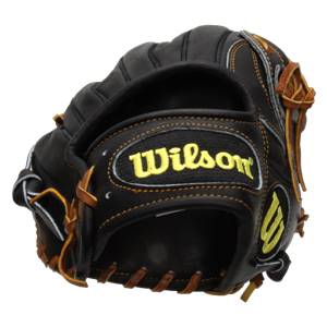 Front view of a black baseball glove with yellow Wilson branding and brown lacing.