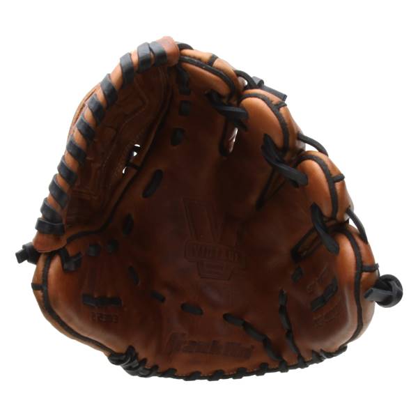 Top-down view of a brown baseball glove with black lacing and Franklin text.