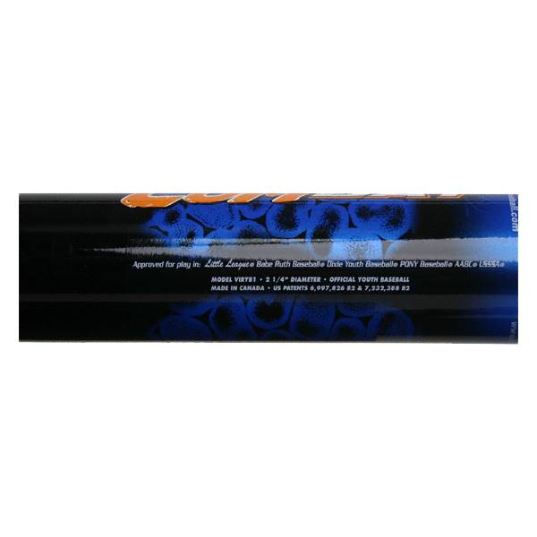 Close-up of a black youth baseball bat with blue and orange graphics, showing model VIRYBT and league approval text.