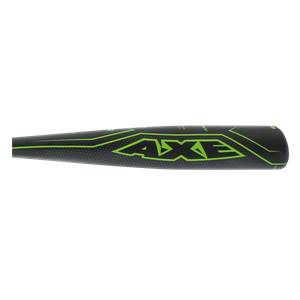 Side view of a black AXE baseball bat with green accents and a textured barrel.