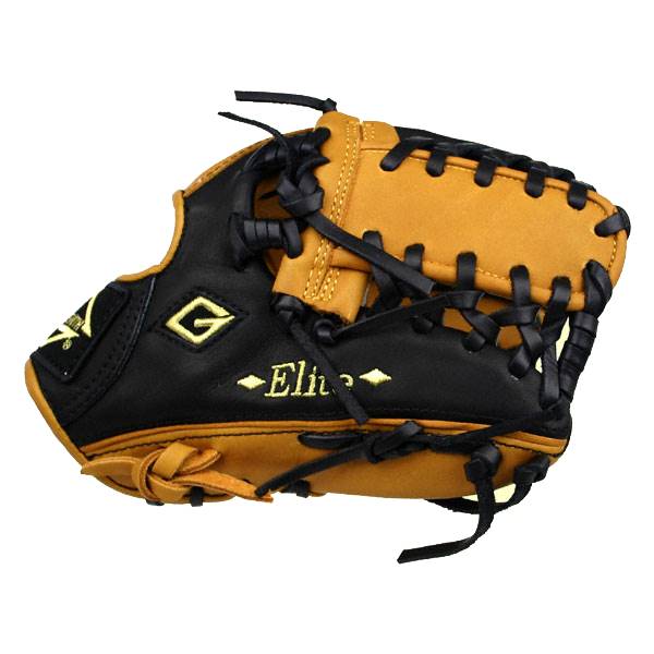 Side view of a black and tan baseball glove with Elite text and a diamond logo.