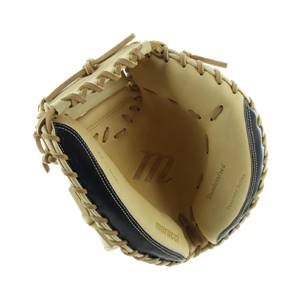 Top-down view of a camel catchers mitt with a black accent, Marucci branding, and embossed m logo.
