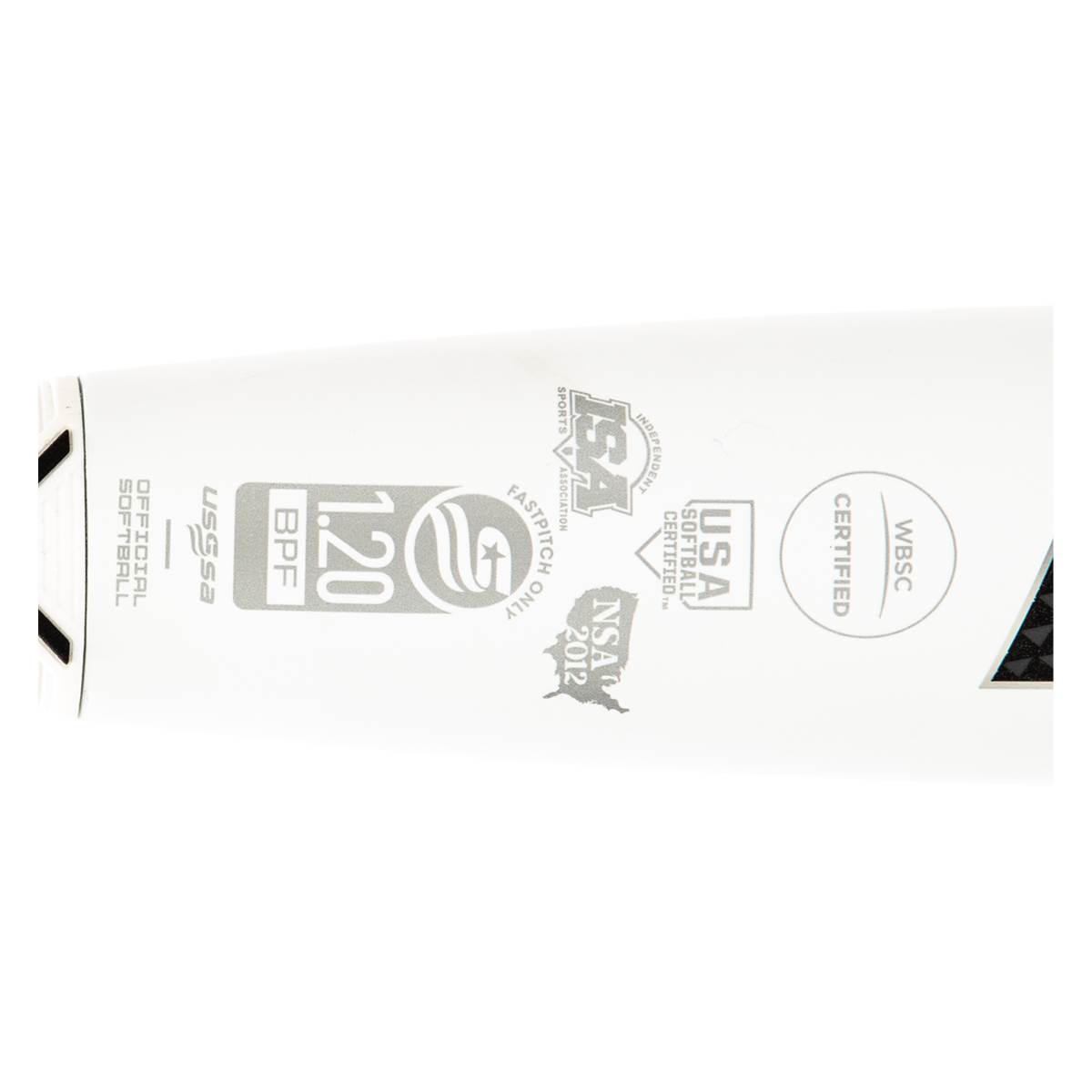 Side view of a white fastpitch softball bat with USSSA, ISA, and USA Softball certifications.