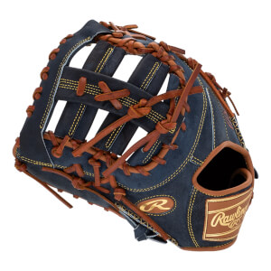 Top-down view of a dark blue baseball glove with tan lacing and a Rawlings logo.