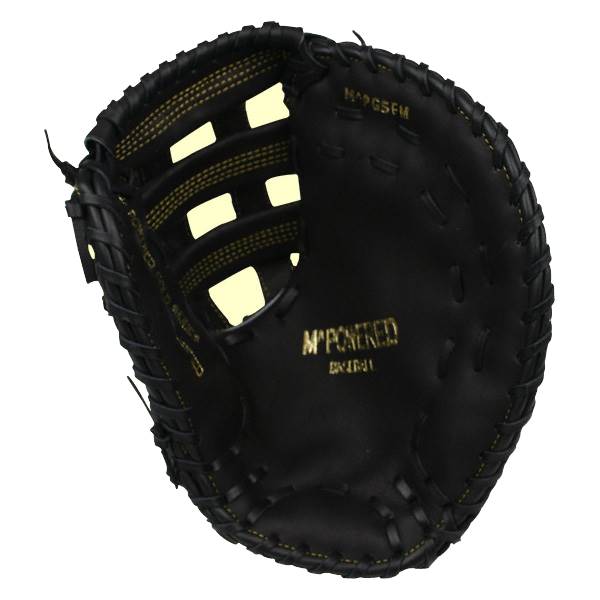 Top-down view of a black first base mitt with gold stitching and M^POWERED branding.