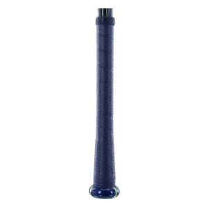 Close-up of a navy blue baseball bat grip with yellow trim on the end cap.
