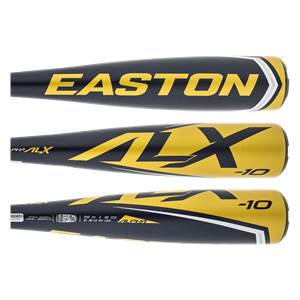 Side view of a black baseball bat with yellow Easton and ALX branding and a -10 designation.
