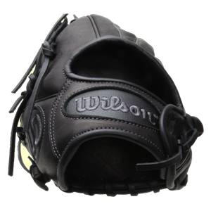 Close-up of a black baseball glove with Wilson embroidered on the wrist strap.