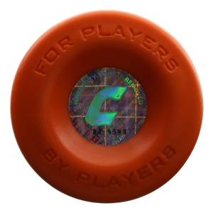 Top-down view of an orange baseball bat end cap with FOR PLAYERS BY PLAYERS text and a holographic warranty sticker.