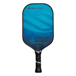 Front view of a blue pickleball paddle with INV IKTA and AMPED PRO text.