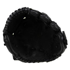 Top-down view of a black baseball glove with a textured palm and stitched finger stalls.