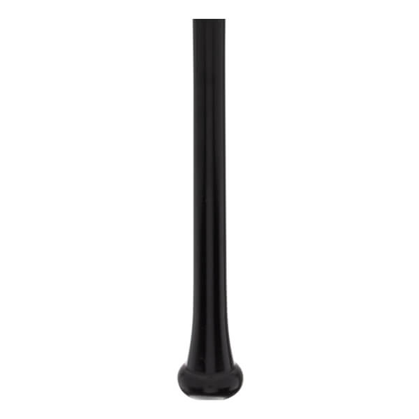 Close-up of a black baseball bat with a tapered handle and a flared knob.