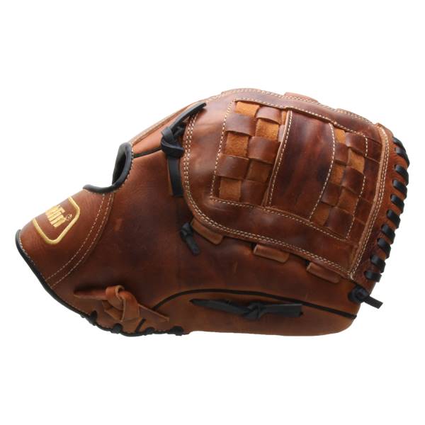 Side view of a brown leather baseball glove with a woven web and white stitching.