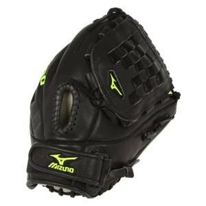 Side view of a black baseball glove with yellow Mizuno branding and a woven pocket.