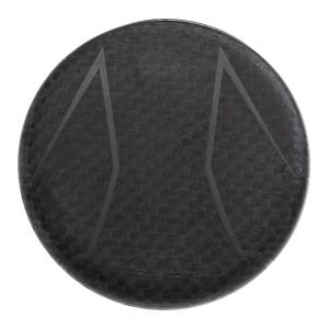 Top-down view of a black baseball bat end cap with a carbon fiber texture and a gray Axe logo.