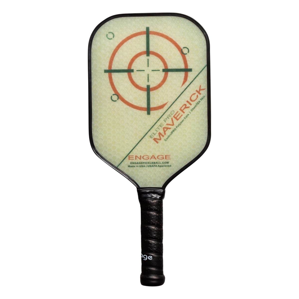 Front view of a cream pickleball paddle with a target design, MAVERICK text, and black grip.