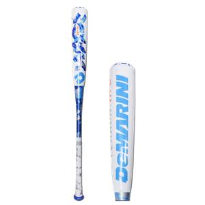 Side view of a white and blue baseball bat with a camouflage pattern and DeMARINI text.