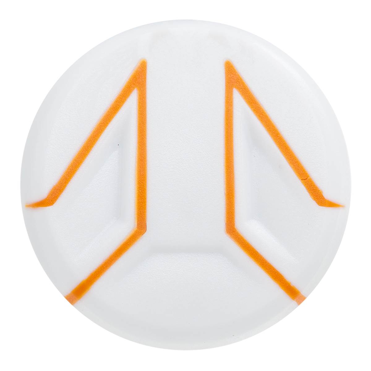 Top-down view of a white baseball bat end cap with orange geometric lines.