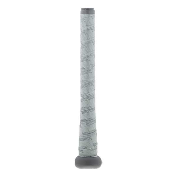 Close-up of a grey baseball bat grip with repeating Marucci text.