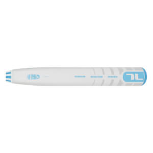 Side view of a white and light blue fastpitch softball bat with a light blue TL logo, 150 emblem, and striped design.