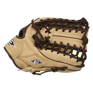 Side view of a tan baseball glove with brown lacing and white Easton logos.