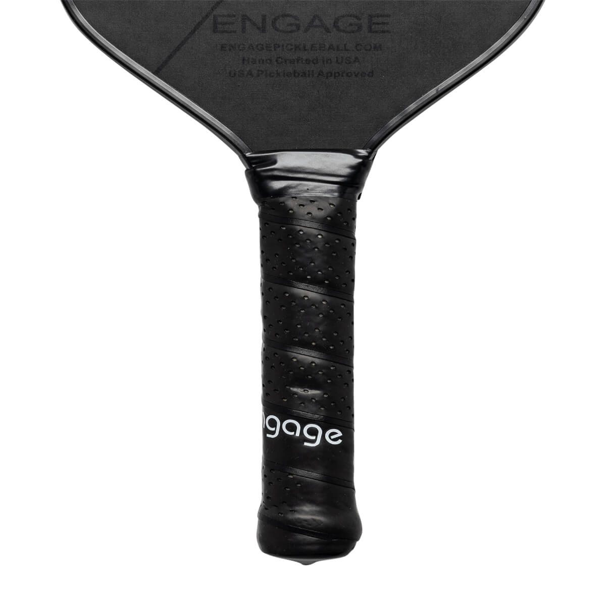 Top-down view of a black pickleball paddle with a textured surface and perforated grip.