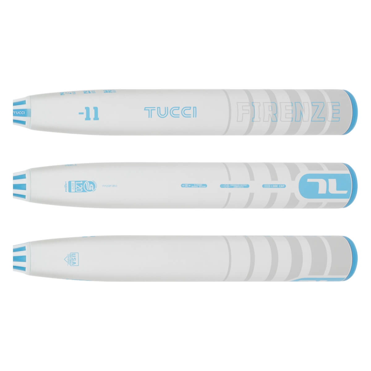 Multiple side views of a white and light blue fastpitch softball bat with TUCCI FIRENZE text, -11 weight, and a TL logo.