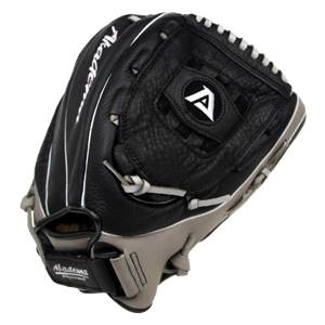 Corner view of a black baseball glove with white stitching and a gray heel.
