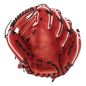 Top-down view of a red baseball glove with white piping, black lacing, and A2K Wilson branding.