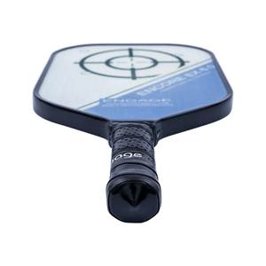 Top-down view of a black pickleball paddle with a white and blue face, target design, and ENGAGE branding.