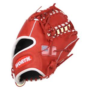 Side view of a scarlet red baseball glove with white lacing, an American flag patch, and WORTH branding.