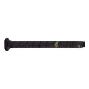 Side view of a black baseball bat with a textured grip and gold Rawlings branding.