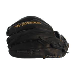 Side view of a black baseball glove with gold Mizuno branding and stitched details.