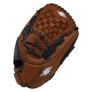 Top-down view of a brown baseball glove with a woven pocket and blue Easton logos.