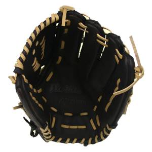 Top-down view of a black Mizuno World Win Series glove with tan lacing and World text.