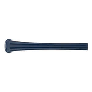 Side view of a blue baseball bat with a flared knob and smooth barrel.