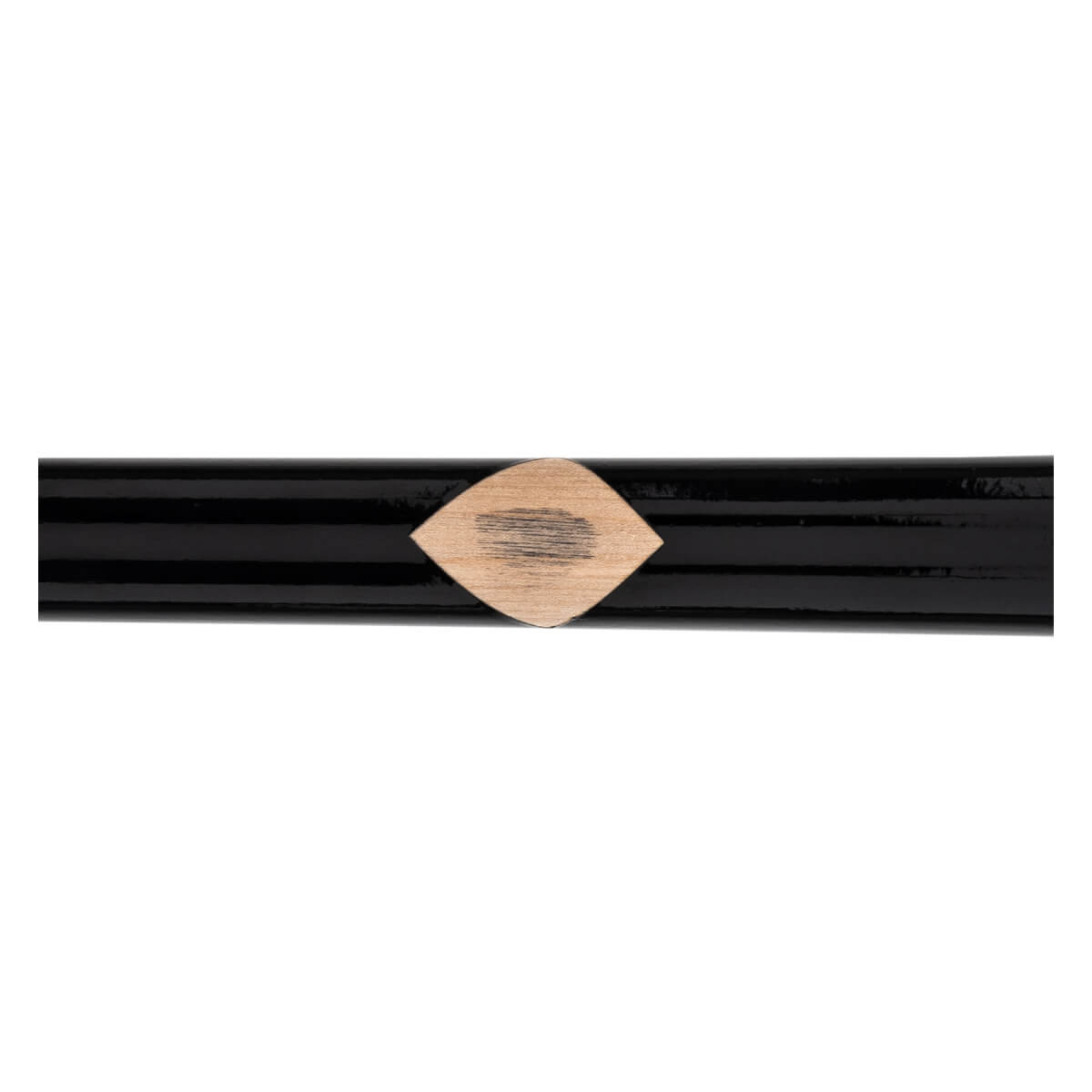 Close-up of a black baseball bat with a glossy finish and a light brown diamond-shaped wood grain patch.